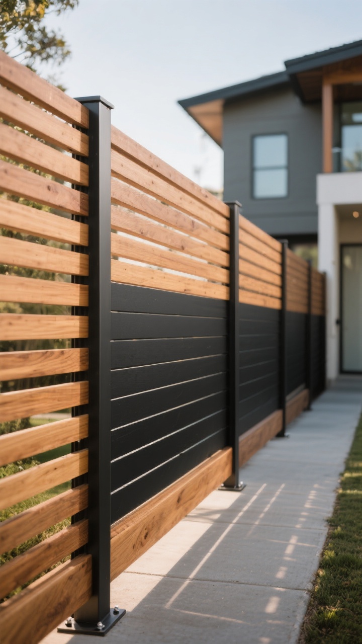 Photorealistic medium shot, straight-on view of a sleek horizontal slat fence using thin 1x4 to 1x6 cedar boards with perfectly even 1/2 to 3/4 inch gaps; metal posts hidden with wood sleeves; ultra-straight alignment using precise spacer blocks; finish options showcased as a warm cedar stain transitioning to a dramatic charcoal-black section; soft daylight casting subtle linear shadows through the gaps; background hints of a modern home facade and a narrow side yard to emphasize horizontal visual width; focus on the clean lines, refined proportions, and airy light-through-slat effect; no people.