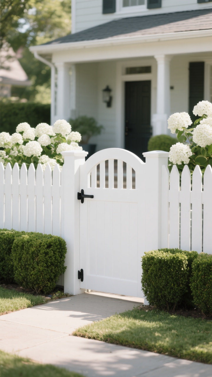Photorealistic medium shot, straight-on view of a front yard with a classic white picket fence updated for 2025: slightly thicker straight pickets at 36–42 inches tall, soft satin (semi-gloss) finish in clean white, low-maintenance vinyl/composite texture that’s matte and not shiny. Include a feature gate with a gentle arched top and a wider opening that aligns with a front path; the gate closes neatly with minimal, discreet black powder-coated hardware. Landscape pairing along the fence line: tidy boxwood hedges for structure and lush white hydrangeas blooming behind the fence. Early afternoon natural light that bounces softly off the white fence, brightening a small, neat front yard. No people.