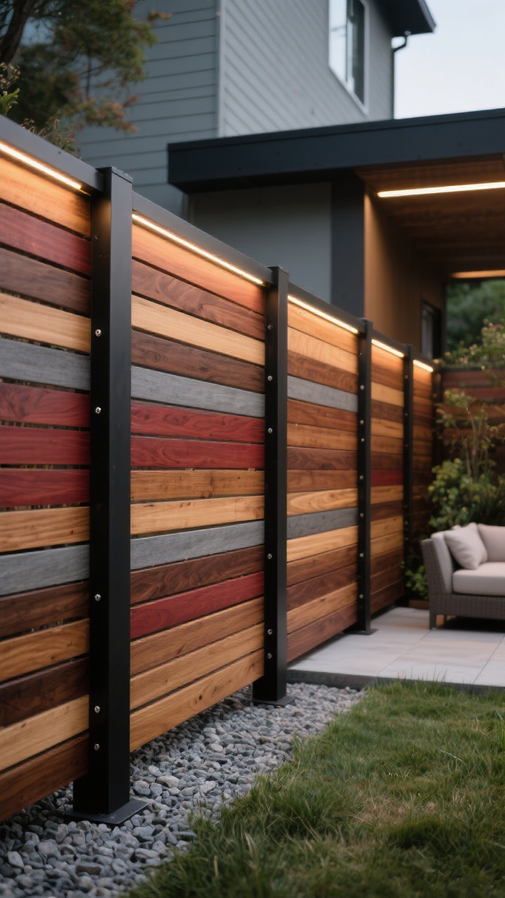 Photorealistic medium shot, straight-on view of a modern backyard fence with horizontal cedar and redwood slats in alternating widths (1x3 and 1x6), warm matte walnut stain with a few sections in driftwood gray for subtle variation; black powder-coated steel posts; hidden fasteners so the face is clean; a crisp top rail with a continuous low-profile LED strip casting a soft nighttime glow; adjustable spacing between slats—tighter near a seating area, wider toward the garden—for privacy and airflow; clean gravel base and simple grasses; calm, minimalist mood with long, uninterrupted lines