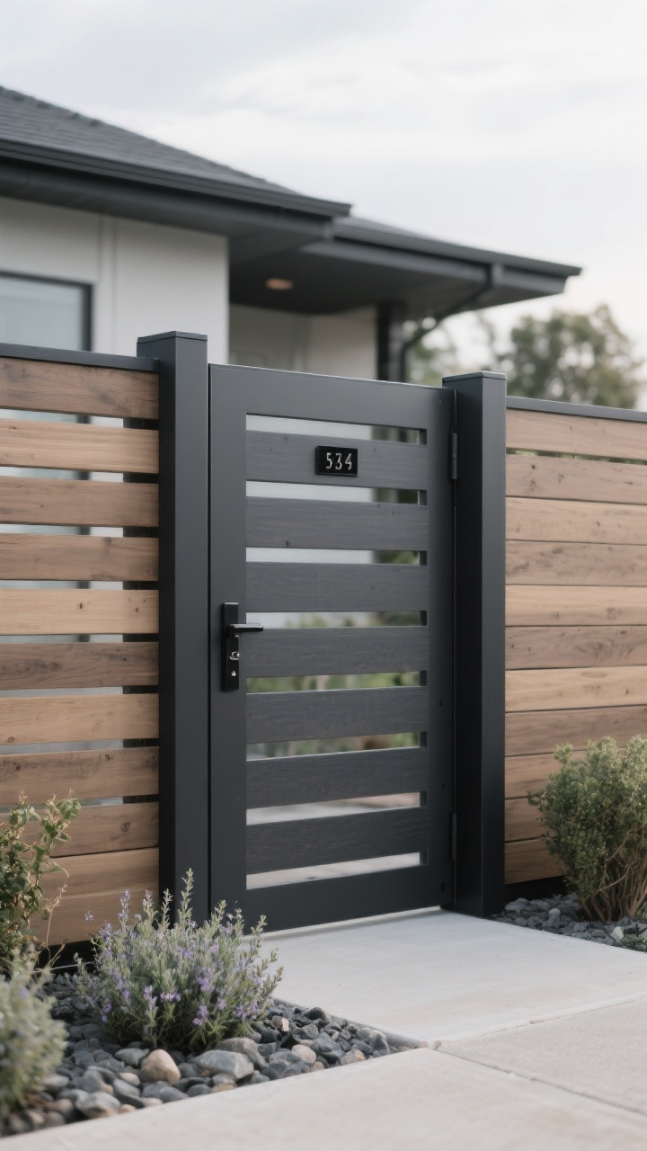 Photorealistic medium shot, straight-on view of a modern minimalist slatted fence along a contemporary front garden: square cedar or cypress pickets with architectural clarity, evenly spaced with 1–2 inch gaps, slightly taller than traditional pickets. Finish in a muted palette—charcoal stain or natural cedar with a matte sealant. Posts are sleek powder-coated aluminum in black for contrast. Styling accents: a centered matte black house number plaque on the gate, concealed hinges and a simple latch. Landscaping is low and sculptural: groundcover thyme, stone mulch, and a few architectural shrubs. Soft overcast or late-day diffuse lighting to emphasize the matte textures and clean lines. No people.