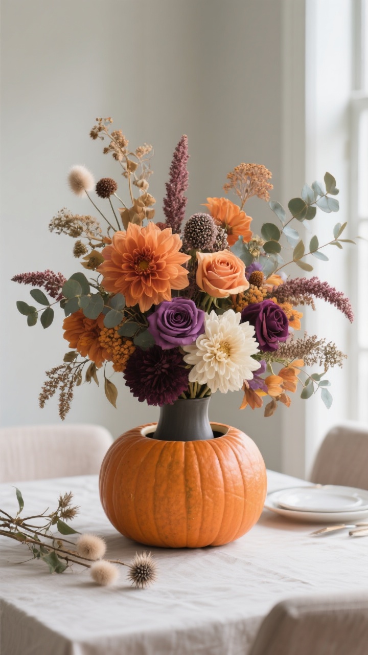 Photorealistic medium shot, straight-on view of an elevated pumpkin vase centerpiece on a dining table: a real matte pumpkin with a hidden vase inserted in the top opening, overflowing with fall florals. Include dahlias, mums, roses, amaranthus, and seeded eucalyptus in a color story of burnt orange, mauve, creamy whites, and deep berry tones. Arrangement slightly asymmetrical, with subtle spill of amaranthus. Optional small cluster of dried stems (bunny tails, thistle, ruscus) nearby as accents. Soft natural window light, neutral table setting.