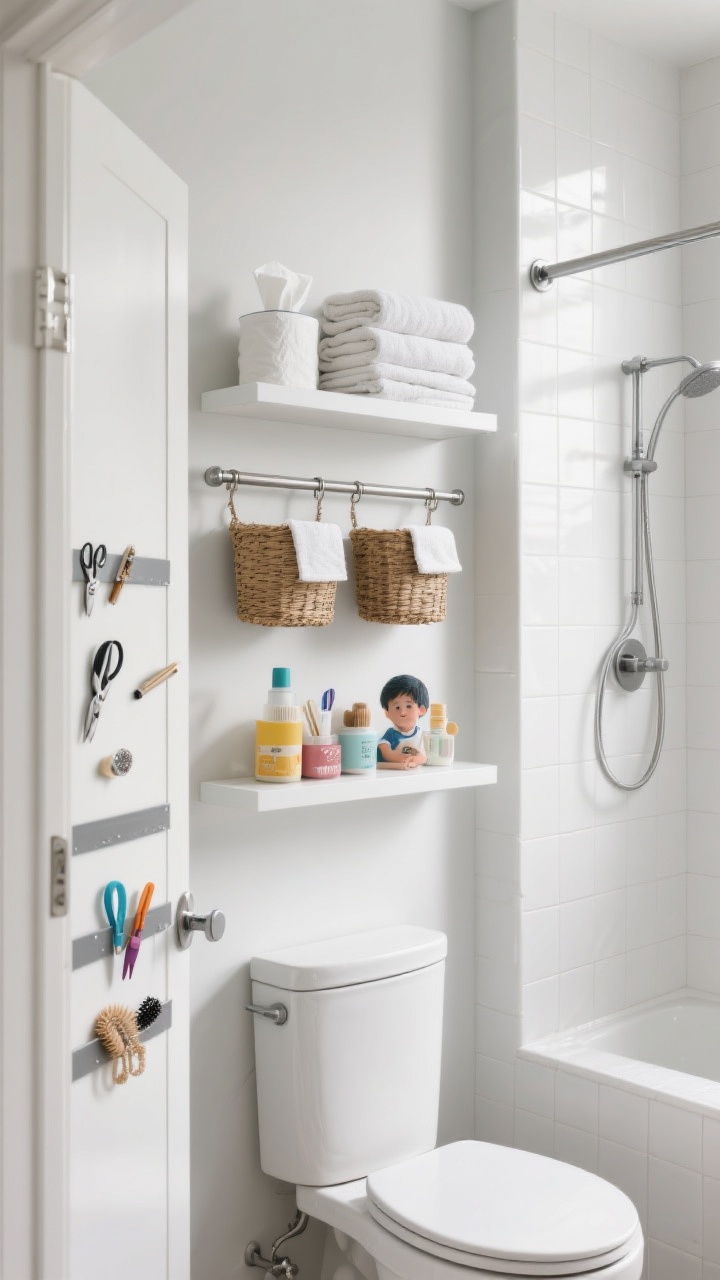 Photorealistic medium vertical-storage vignette: floating wall shelves over the toilet holding neatly folded towels, tissue, and lidded baskets; a tension rod in the shower with hanging baskets at kid height for bath products; inside a cabinet door ajar, a magnetic strip holding nail clippers, tweezers, and tiny hair accessories. Focus on height layering, lower shelf items kid-accessible, higher shelf for adult/backstock, cool white tile, bright even lighting, angled corner view.