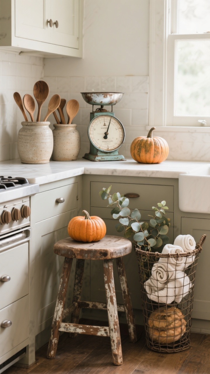 Photorealistic medium vignette of antique and vintage finds mixed with modern: kitchen counter scene with stoneware crocks holding wooden spoons, a vintage enamelware scale beside a worn wooden stool used as a side table with a mini pumpkin stack; wire basket with rolled hand towels and eucalyptus sprigs nearby; patina emphasized; neutral farmhouse backdrop; gentle morning light; 3/4 angle