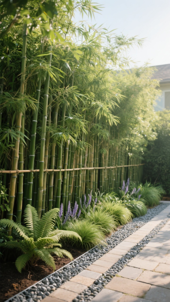 Photorealistic medium-wide garden border shot from a slight corner angle: a living bamboo screen using clumping bamboo (Bambusa) planted 3–5 feet apart behind a 3–4 foot short bamboo fence that frames the greenery. Show a neat gravel strip or stone pavers at the base for maintenance, with lush underplanting of ferns, liriope, and mondo grass. Early morning natural light with soft shadows; include a discreet root barrier edge hint where soil meets pavers. Emphasize the fresh green foliage and the structural rhythm of canes; no people.