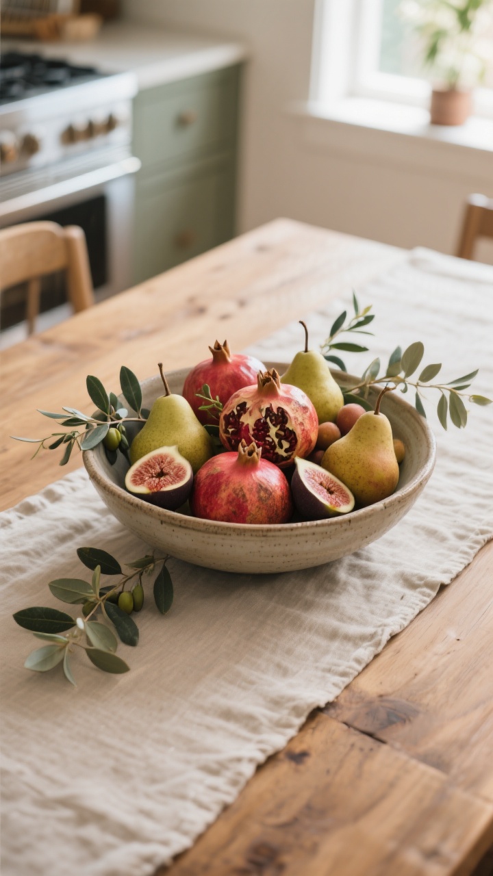 Photorealistic overhead detail shot of a natural harvest centerpiece: a low ceramic bowl filled with pomegranates, pears, and figs, with small snippets of olive branches and eucalyptus tucked around. The arrangement sits centered on a linen runner on a wooden dining table adjacent to the kitchen. Natural morning light from a window, crisp textures and rich produce colors.