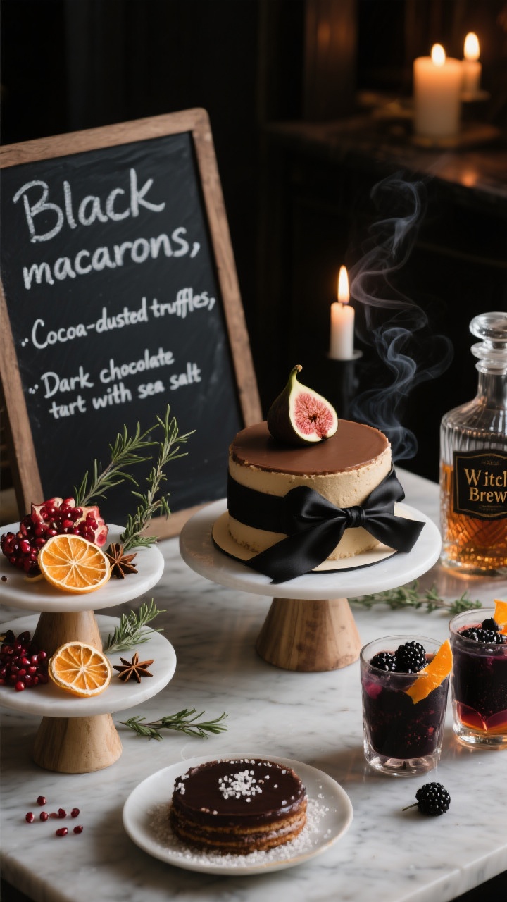 Photorealistic overhead detail shot of dessert and drinks as decor: a black slate board labeled in chalk with “Black macarons,” “Cocoa-dusted truffles,” and “Dark chocolate tart with sea salt”; garnishes of dehydrated citrus wheels, pomegranate seeds, star anise, and sprigs of thyme/rosemary; staggered cake stands building height, featuring a simple cake wrapped with a dramatic black ribbon and topped with a single fig; a glass decanter labeled “Witch’s Brew” beside blackberry spritzers and bourbon with orange peel and smoke; moody candlelit ambiance, no people.