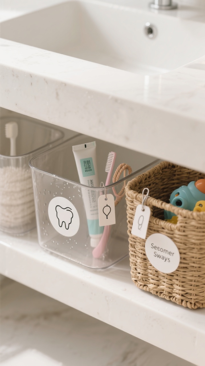 Photorealistic overhead detail shot of labels in a humid bathroom: waterproof stickers with simple icons (toothpaste, toothbrush, hair ties, bath toys) applied to clear bins; clip-on tags attached to woven baskets indicating seasonal swaps. Condensation-safe look with slight sheen on stickers, neutral bins with soft pastel icons, clean white countertop background, crisp diffuse lighting.
