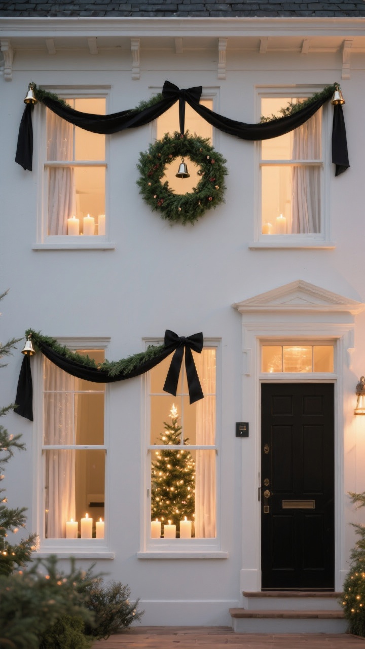 Photorealistic straight-on exterior view of windows with classic holiday charm: each window features a mini wreath centered and hung with ribbon over the top sash; matching ribbons coordinate with the door decor (e.g., black ribbon for chic contrast against greenery); battery-operated window candles glowing softly from within, auto-on at dusk; a subtle peek of a Christmas tree through one window; tiny bells at wreath corners for delicate movement; warm indoor light softly illuminating curtains.