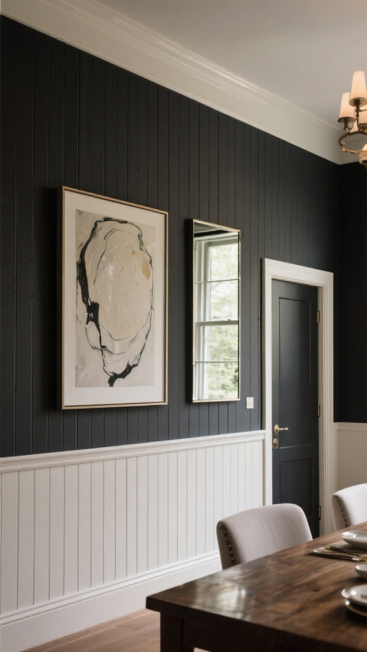 Photorealistic straight-on medium shot of a dining room wall styled like a designer: tall vertical paneling or beadboard that draws the eye up, a single oversized art piece centered for calm impact, and a large mirror placed across from a window to bounce light and visually expand the space. Incorporate a half-height wainscoting with lighter paint above for balance. Palette options include monochrome walls, trim, and door in one shade, or a dramatic dark paint paired with glossy finishes and warm lighting to keep it luxe, not cave-like.