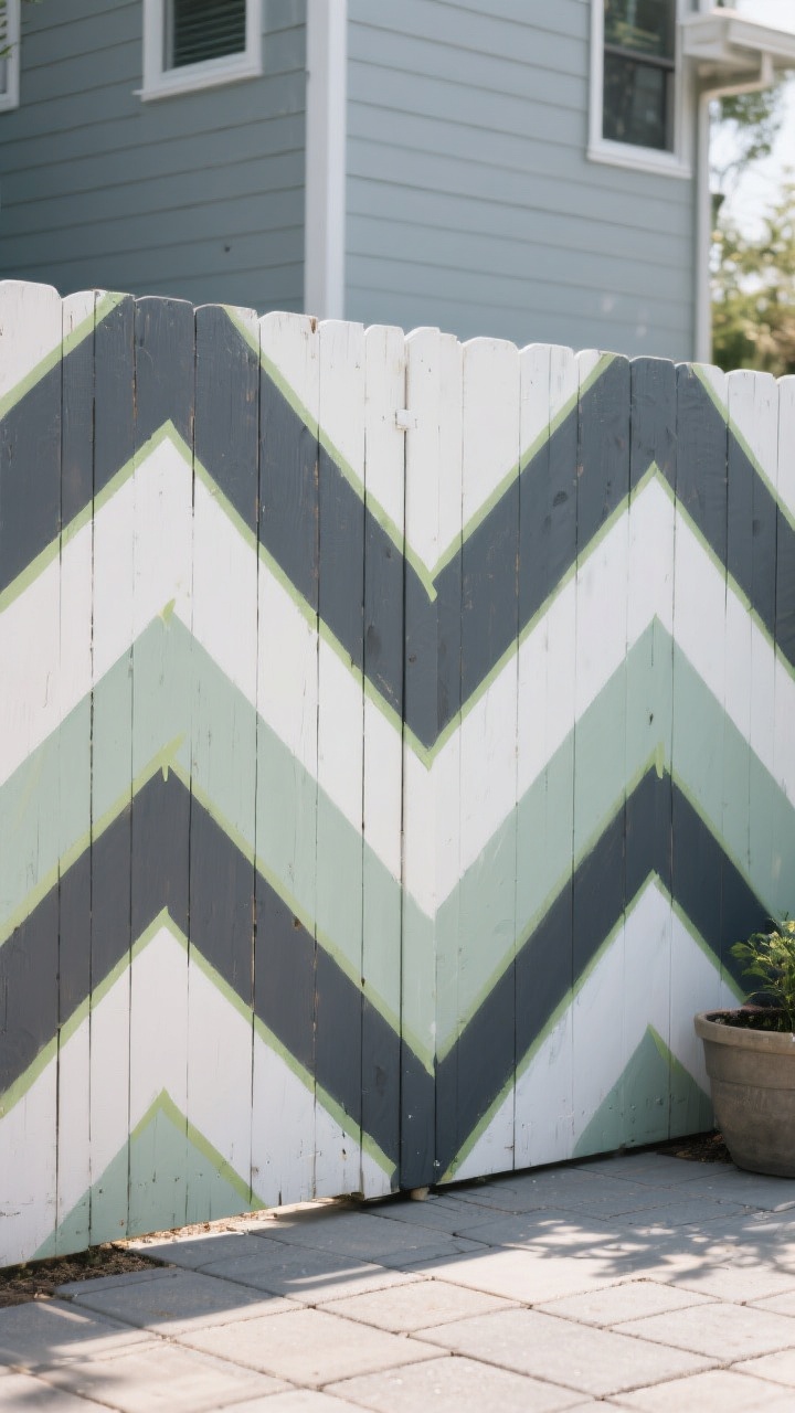 Photorealistic straight-on medium shot of a pallet fence transformed into a painted pattern statement. Crisp chevron and color-blocking design with a controlled palette of three exterior paint colors: charcoal, soft white, and a muted sage. Surfaces are sanded and primed for a perfectly smooth finish; painter’s tape lines are razor-sharp. Subtle afternoon shade for even illumination, minimal patio staging (concrete pavers, a simple planter) to keep focus on the graphic fence art, no people.