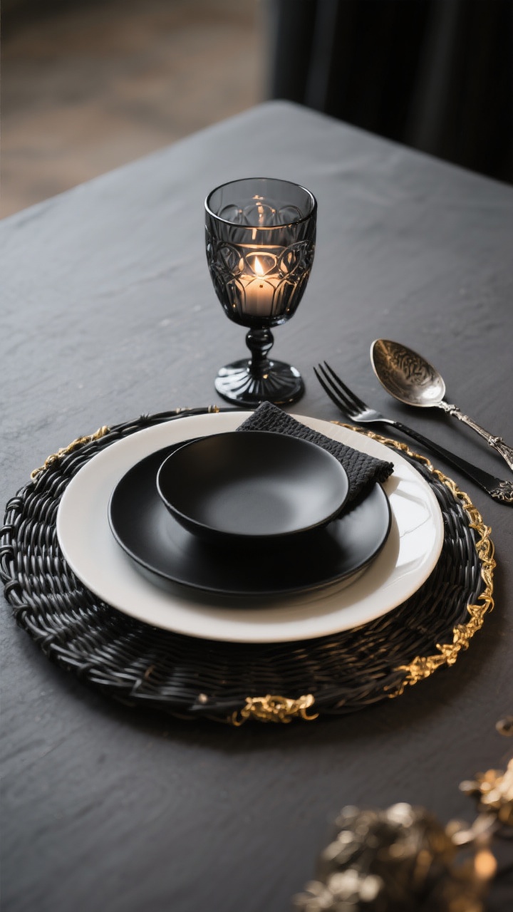 Photorealistic straight-on medium shot of a single place setting with attitude: stacked charger in woven black rattan (or matte graphite), white dinner plate topped with a matte black salad plate for contrast, and a textured napkin; smoky goblet and cut crystal water glass catching candlelight; black flatware to one side and a vintage silver dessert spoon for gothic-glam mix; antique gold accents from the charger or rim details; moody, warm lighting reflecting off glassware; background softly blurred to keep focus on the layered stack.