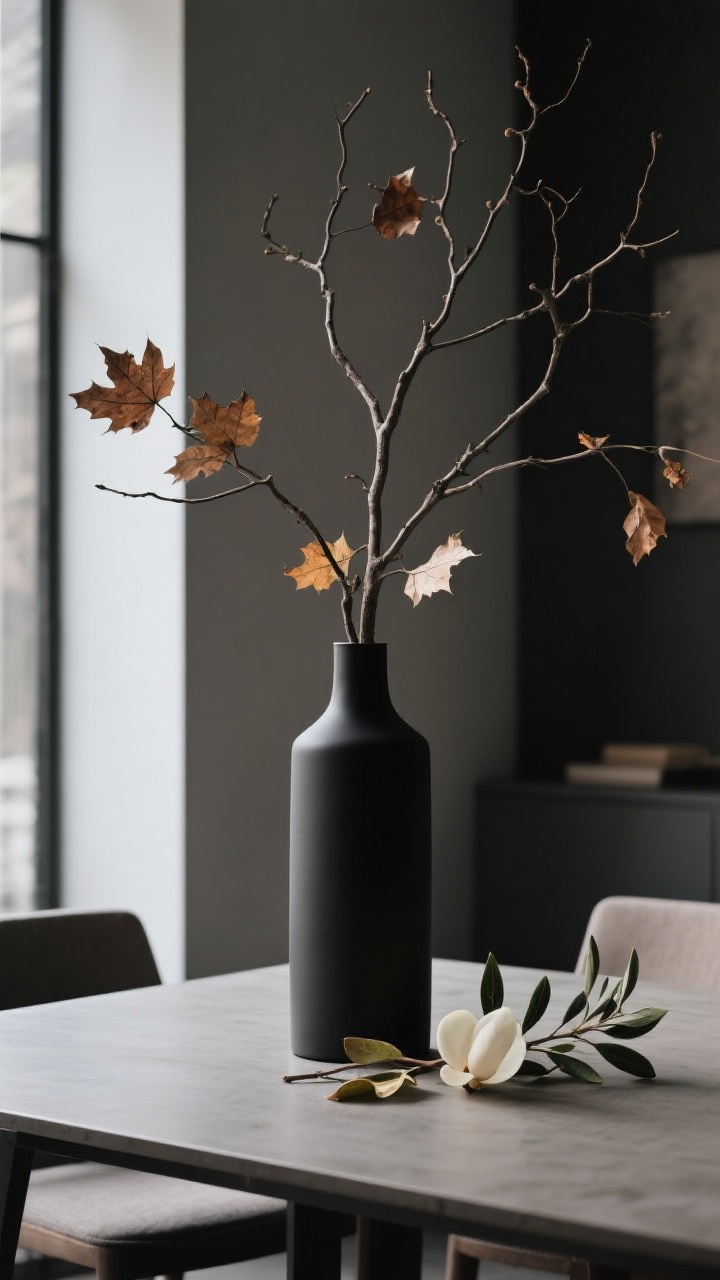 Photorealistic tall vertical composition, corner-angle shot focusing on a minimalist vase with sculptural branches. Use a tall, narrow matte black vase on a simple dining table; insert bare maple and oak branches with a few remaining fall leaves. Ground the look with magnolia leaves and olive stems tucked at the base. Background: modern, moody interior with subdued tones. Lighting: soft, directional daylight creating gentle shadows, emphasizing height without blocking sightlines.