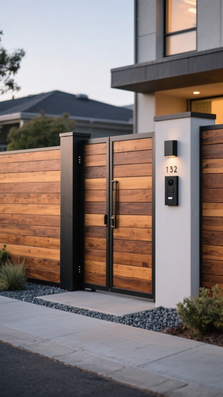 Photorealistic wide-angle curbside view: a mixed-material fence featuring warm horizontal wood planks as infill framed by slender square metal posts and rails in matte black powder coat. Hidden fasteners via channel system create a screwless front. A custom gate aligned perfectly with the fence slat spacing, accented by a narrow vertical metal strip. Integrated matte-black house number plate and a flush intercom panel set into one bay. Clean modern landscaping with gravel bands. Early evening even lighting that highlights the warm/cool contrast and the crisp outlines; upscale architectural vibe, no people.