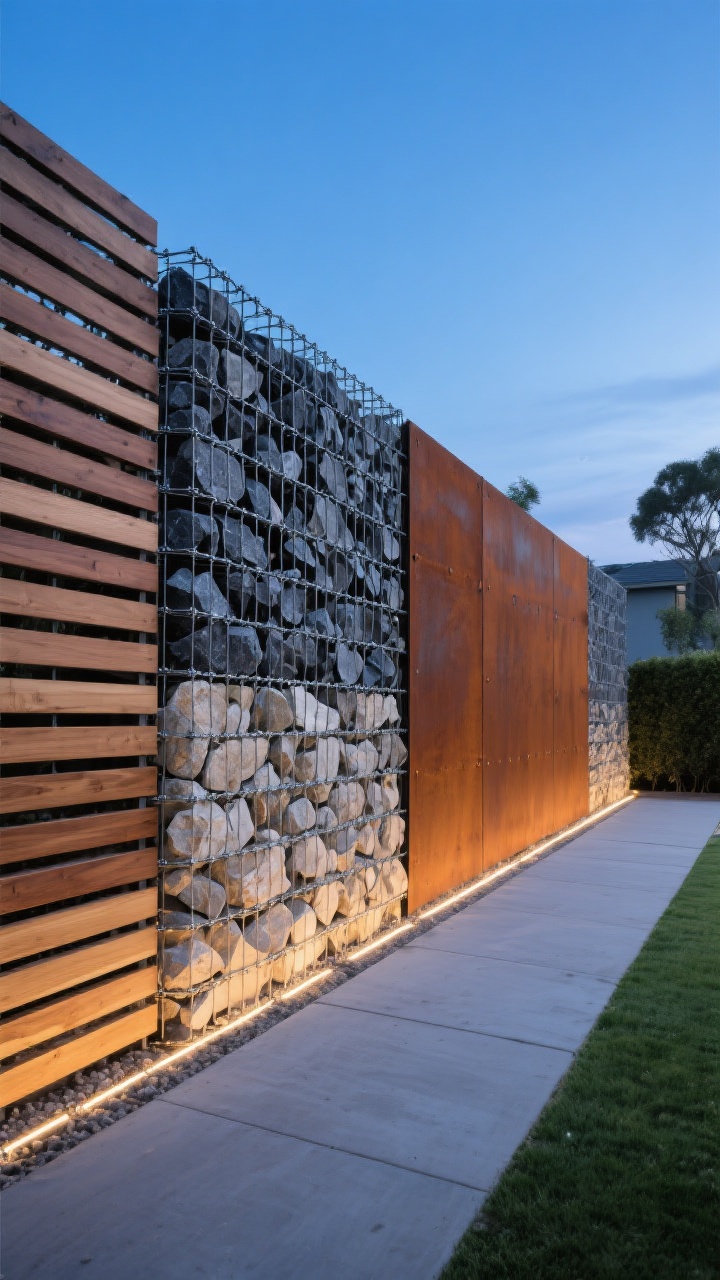 Photorealistic wide backyard boundary featuring a gabion fence: tall wire baskets filled with a curated mix of dark basalt and pale limestone, creating layered industrial texture. Incorporate a contrasting section of horizontal wood slats and a corten steel panel for warmth, with subtle LED strip lighting glowing at the base. Evening blue-hour scene to highlight the sound-dampening, sculptural quality; straight-on composition with a clean paved edge.