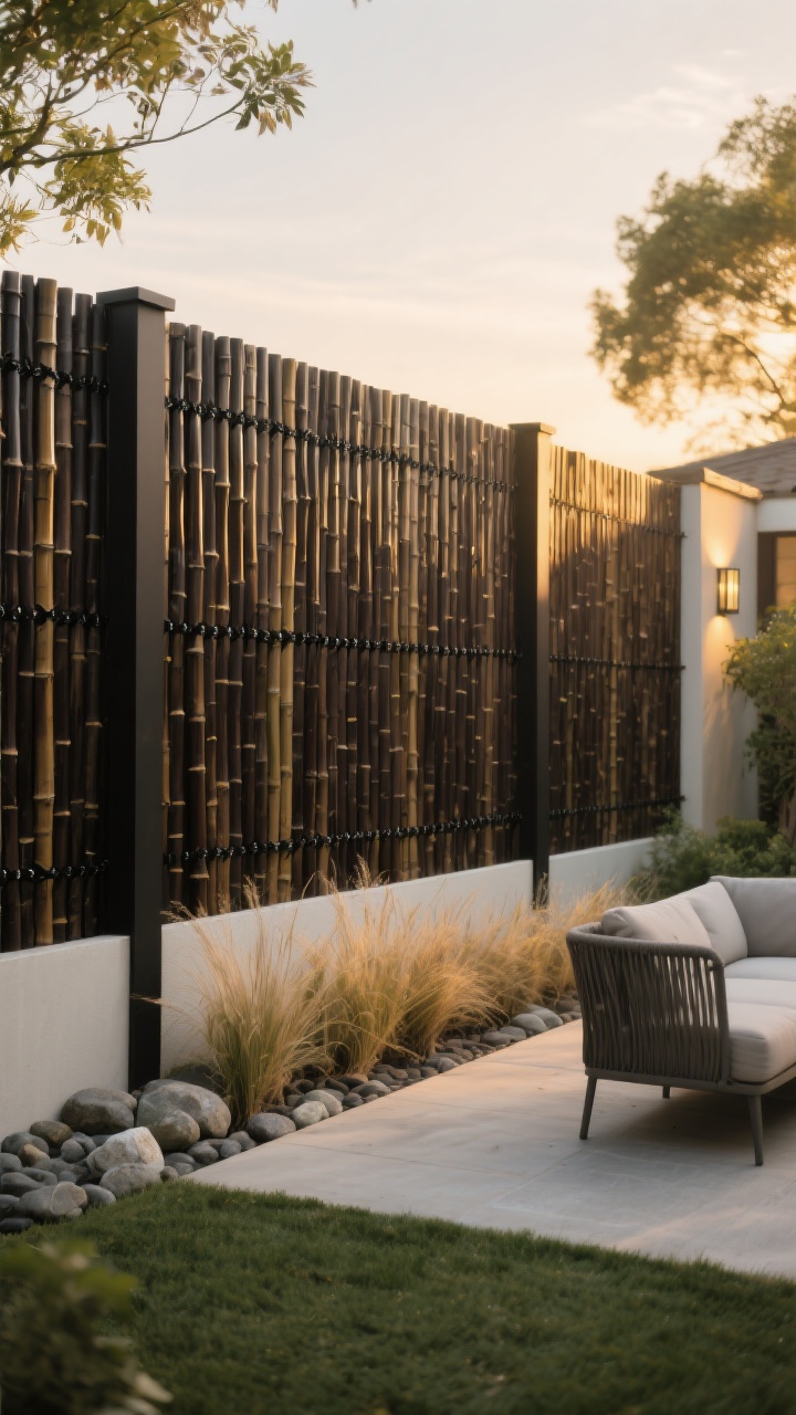 Photorealistic wide backyard shot at golden hour: a full-height 6–8 ft bamboo privacy wall made of pre-rolled bamboo panels attached to existing posts with subtle black zip ties, stained in dark espresso for a sleek spa vibe. The base is cleanly edged with smooth river rocks and a low border of ornamental grasses. Soft, natural side lighting adds warm highlights to the bamboo texture; no people. Include a UV-sealed finish sheen and a modern outdoor seating area in front, partially visible, while keeping the fence as the hero.