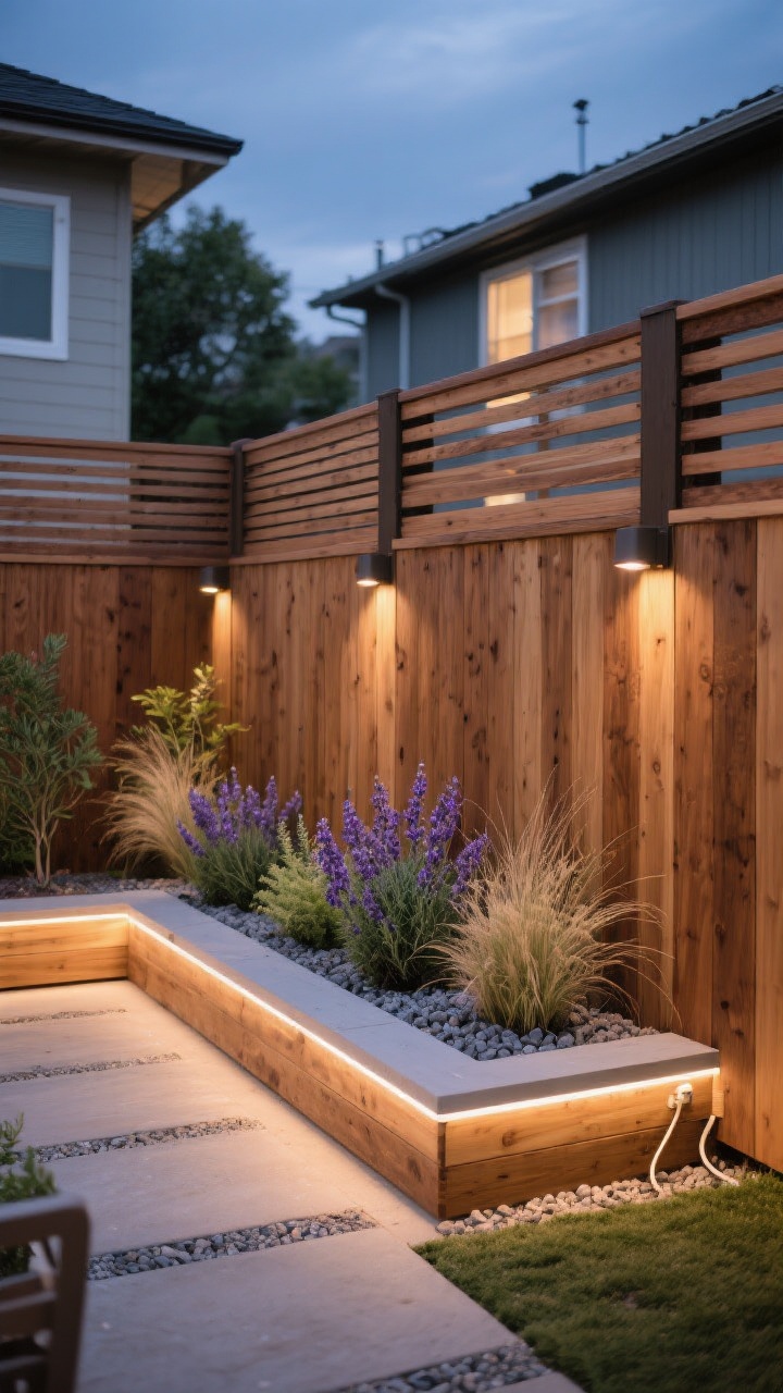 Photorealistic wide evening shot, straight-on, of a layered privacy setup: a solid horizontal wood fence base with a 12–18 inch open-slat topper for height; offset panels with alternating slat widths to create a rhythmic pattern; integrated cedar planters along the base filled with lavender, rosemary, and ornamental grasses, lined with landscape fabric and gravel for drainage; warm white LED strip lighting tucked under a cap rail and small downlights between posts producing a gentle glow that highlights wood texture; low-voltage wiring neatly concealed; overall cozy, high-privacy ambiance on a small patio; no people.