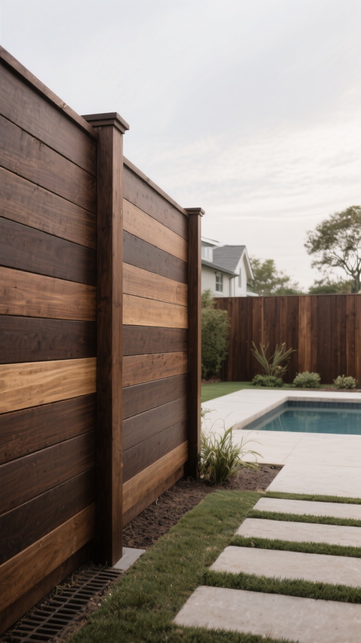 Photorealistic wide exterior shot at a slight corner angle of a privacy fence made of wide horizontal planks—1x10 and 1x8 boards—with minimal spacing and occasional shiplap-style overlaps; robust 6x6 posts and mid-span stringers discretely integrated; boards kept slightly off the ground for drainage; rich espresso and walnut stain tones that feel spa-like and calming; serene, wind-sheltered backyard with simple landscaping near a pool area; gentle overcast light for an even, tranquil look; the composition emphasizes uninterrupted, smooth lines and substantial presence; no people.