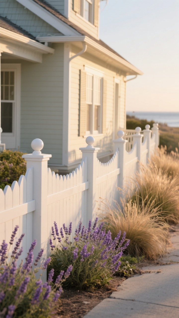 Photorealistic wide exterior shot from a corner angle of a coastal cottage facade framed by a curved picket fence: scalloped top rail that subtly dips between posts, rounded picket tips, and decorative ball post caps. Color palette: soft white or cream with two-tone detailing—posts one shade lighter than pickets. Optional alternates: pale gray or dune beige fence finish that hides dirt. Landscaping: drifts of lavender, salvia, and ornamental grasses swaying along the fence. Capture magic at golden hour with warm, low sunlight grazing the curved silhouette and creating soft shadows. No people.