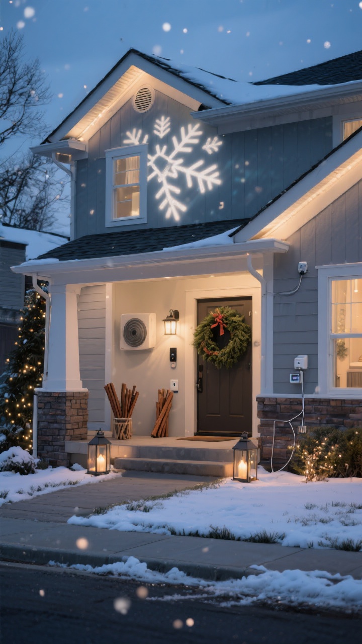 Photorealistic wide-front facade at evening set for ambiance: subtle snowflake projector casting gentle, slow-moving patterns on the house exterior (low setting, not overpowering); an outdoor speaker discreetly placed near the porch suggesting soft holiday music; hints of scent cues visible—cinnamon stick bundle near lanterns and a lush cedar wreath at the door; smart plugs and timers implied by clean cable management; zones of lighting (roofline, porch, yard) balanced and harmonious; calm, magical street-view perspective.