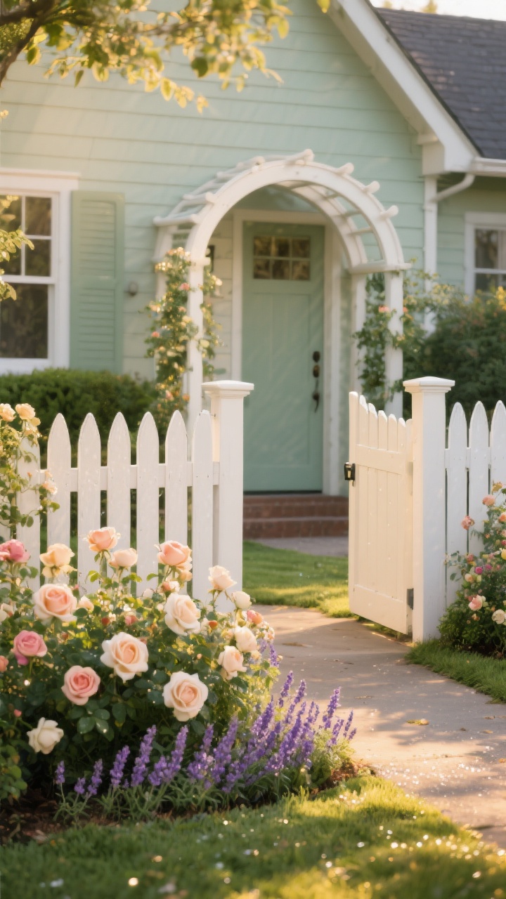 Photorealistic wide front-garden scene featuring a cottage-core white picket fence with curved tops and wider spacing, flanked by a petite arbor at the gate. Add soft muted paint accents—alternate version in sage or buttercream panels—bordered by lush flower beds with roses and lavender weaving through the pickets. Morning golden light, dew on petals, and a friendly lower fence height; captured from a slight corner angle to show the charming silhouette and pathway leading in.