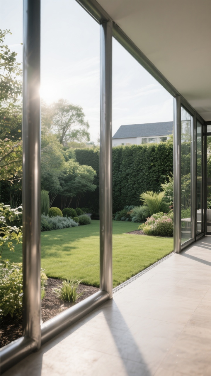 Photorealistic wide garden shot from a low corner angle: steel tube frames (