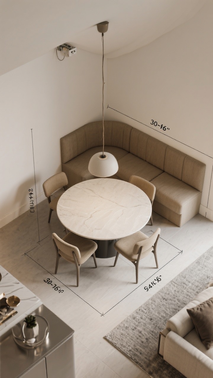 Photorealistic wide overhead plan-view shot of a compact dining layout demonstrating spacing rules: a round table centered under a pendant (swagged from an off-center junction box if needed), with clear measurements implying 30–36 inches of clearance from table edge to surrounding walls/furniture and chairs spaced at about 24 inches per person. Show an L-shaped banquette using a corner with the table slightly shifted toward the wall to open pathways. Visual flow cues connect to an adjacent living area via matching metals and tones, making the open space feel cohesive.