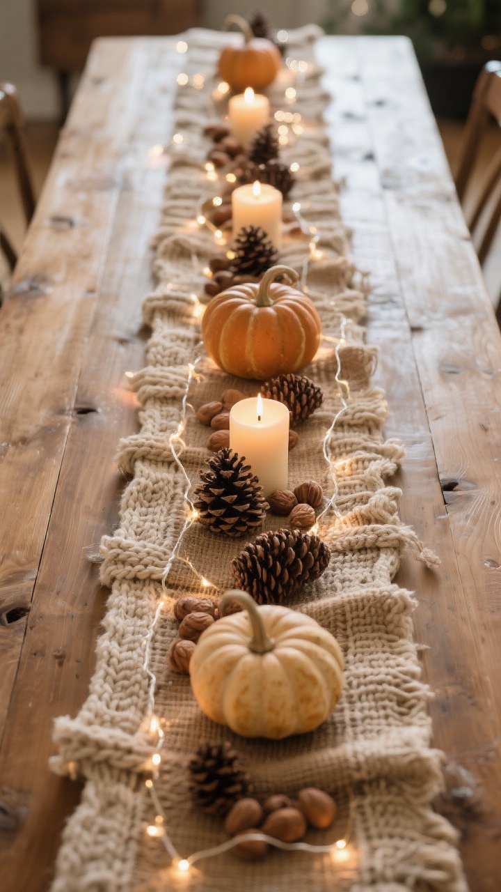 Photorealistic wide overhead shot of a rustic runner centerpiece stretching the length of a table. Base: textured runner in linen or burlap with layered chunky knit accents. Repeated every 12–18 inches: small gourds, low candles, and clusters of nuts or pinecones arranged intentionally. Weave a subtle strand of micro fairy lights through the composition for sparkle. Keep elements low for clear sightlines across the table. Warm, cozy ambient lighting with slight twinkle from lights.