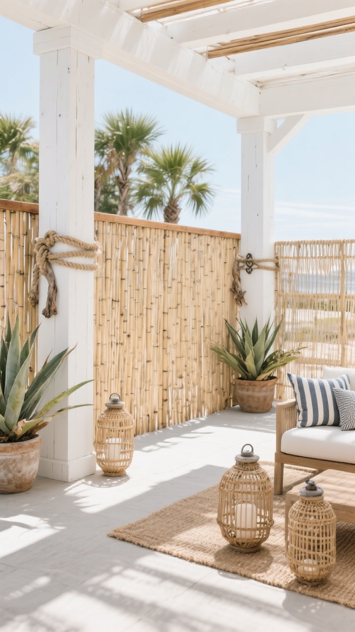 Photorealistic wide patio scene with a coastal cabana vibe, straight-on: whitewashed cedar or pressure-treated posts support light bamboo reed fencing panels between them, topped with a thin wood cap rail. Nautical accents include rope tie-backs and a few pieces of weathered driftwood or nautical hardware at corners. Style with striped outdoor cushions, a jute rug, and one or two rattan lanterns; layer potted palms, yucca, and agave. Bright, beachy daylight with crisp shadows; decorative screen feel, no people.