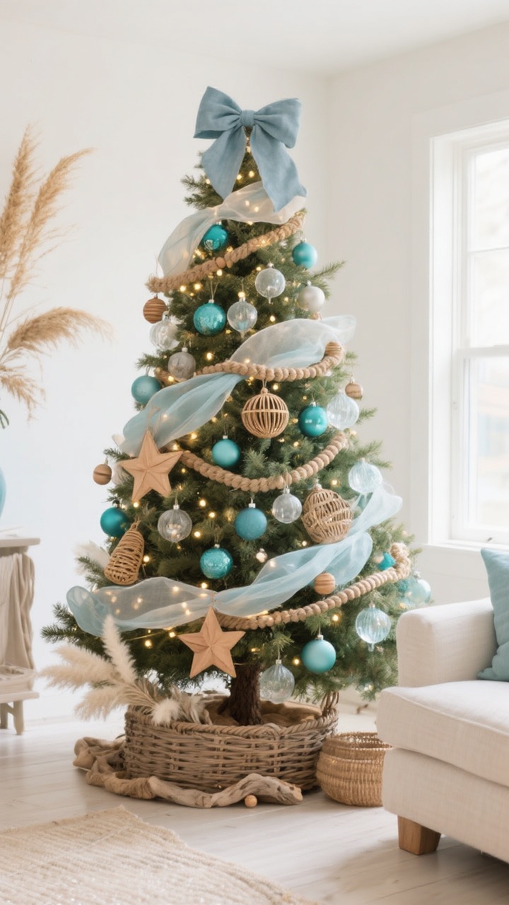 Photorealistic wide room shot of a coastal-inspired Christmas tree in a bright, airy living space with sandy neutrals. Decor includes aqua, teal, soft turquoise, and dusty denim blue ornaments; linen, caramel, driftwood, and wheat neutrals; brushed gold/champagne metallic accents. Textures: gauzy chiffon and linen-look ribbons in pale blue and sand, matte baubles, frosted glass, wood bead ornaments, mini rattan star ornaments, and a wood bead or jute rope garland braided with warm fairy lights. Topper is a soft fabric bow in chambray or linen; base has a woven basket-style tree collar. Styling flow visible: warm white lights first, two cascading ribbons (not tightly wrapped), largest wood and frosted ornaments placed deep, aqua accents layered, dried bunny tails or bleached ruscus tucked near the trunk. Perspective: corner angle capturing the tree and a bit of the room’s coastal palette. Calm, breezy mood, soft morning light.