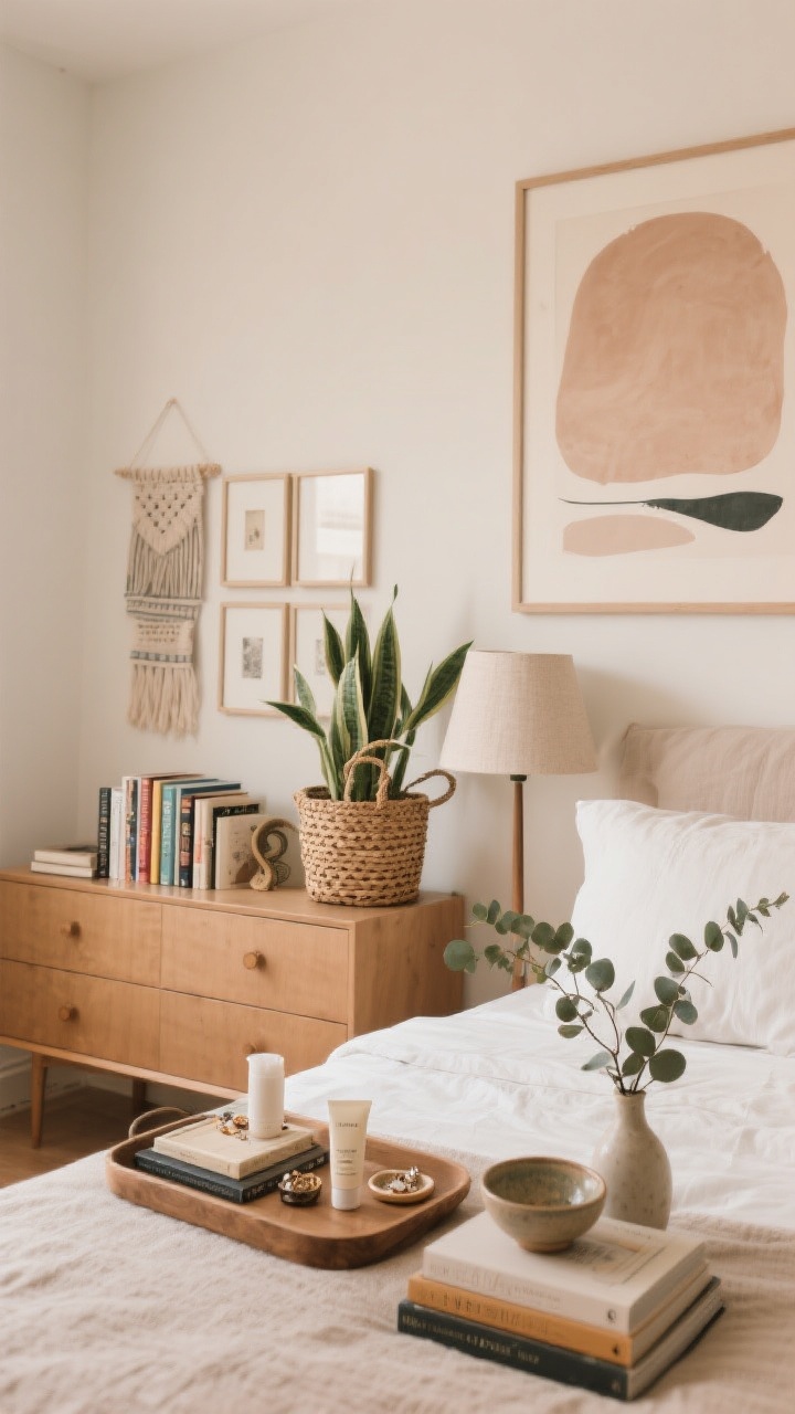 Photorealistic wide shot adding soul and personal layers: above the bed, one large calming artwork with soft forms in the room’s color family; on a dresser, a small gallery moment—clustered frames with consistent mats alongside a textile wall hanging. Bedside surface styled with 5–7 curated books, a tray corralling hand cream and a tiny jewelry dish, and one sentimental object (small ceramic bowl or travel memento). Add a snake plant and a rattan basket for natural texture, plus a linen lampshade. Include seasonal greenery (eucalyptus stems) in a bud vase. Embrace negative space—clean surfaces, uncluttered walls. Soft warm lighting, straight-on composition.