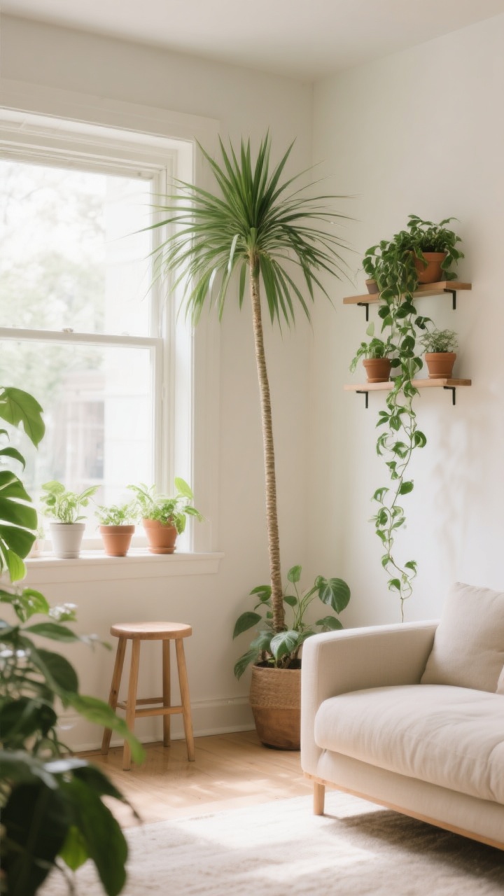 Photorealistic wide shot celebrating easy-care greenery in a small living room: a tall, slim parlor palm or dracaena elongating the space beside a window; trailing pothos or ivy cascading from wall-mounted shelves; a neat cluster of small pots on the windowsill or a stool rather than scattered; light, airy neutrals as backdrop; bright, indirect natural light making leaves glow; no people, serene and tidy composition