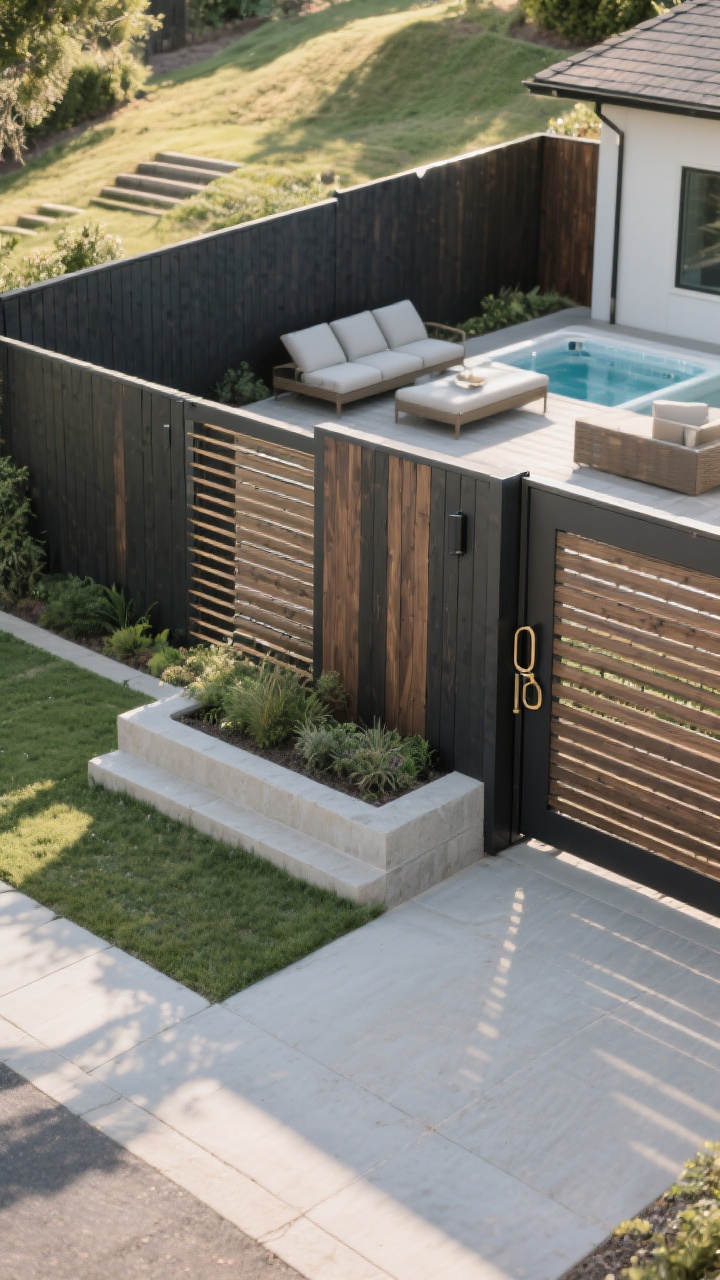 Photorealistic wide shot from a gentle overhead corner angle of a yard perimeter showing a slatted + solid combo fence: solid tongue-and-groove panels in dark two-tone stain behind a lounge and hot tub zone for privacy, transitioning seamlessly to horizontal slats with 1/2-inch gaps in a slightly lighter tone near the driveway and garden; consistent top height across all sections; terrain gently sloped with refined stepped heights (no harsh stair-stepping); a matching gate repeating the slat pattern with a bold architectural handle; balanced light and breeze, late-afternoon sun casting soft shadows