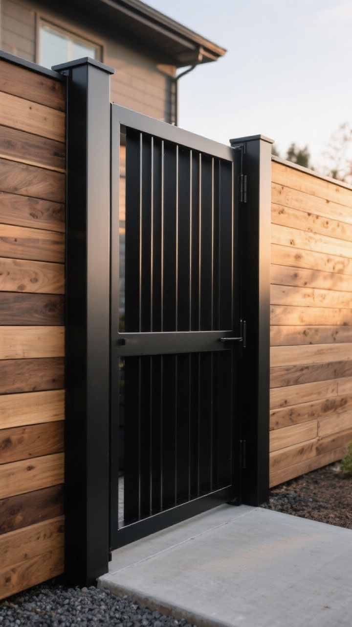 Photorealistic wide shot from a low corner perspective of a wood-and-metal mixed fence: slim matte black powder-coated steel posts and frame doing the structural work, with thermally modified wood boards as flush-mounted infill; boards arranged horizontally in a neutral mid-tone stain (honey oak/smoked cedar) that complements the black metal; a premium gate with a full metal frame and matching wood infill, perfectly aligned; crisp modern lines, durable industrial-chic mood; early evening light with soft reflections on the metal, clean concrete or gravel footing