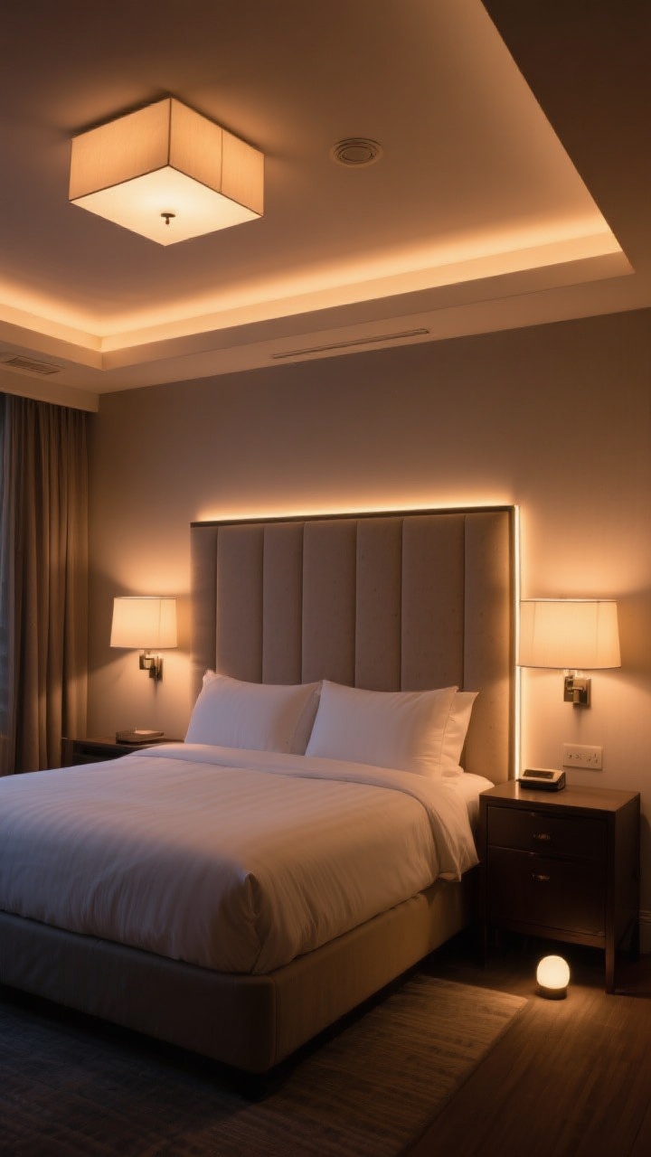 Photorealistic wide shot of a bedroom lit like a subtle movie set at dusk: layered lighting with a shaded flush-mount ceiling fixture using 2700K warm LED on a dimmer, matching bedside sconces with opaque shades directing light down for reading, and soft accent glow—slim strip lights hidden behind an upholstered headboard and a small lamp on the dresser. Add a tiny floor-level night light near the baseboard. No overhead glare; overall warm, dimmable ambiance with symmetrical bedside lighting. Straight-on view emphasizing the warm 2200–2700K tones and hotel-style balance.