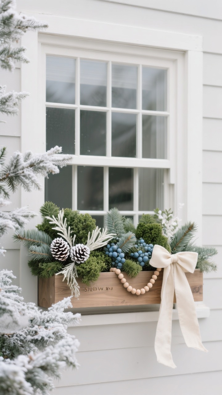 Photorealistic wide shot of a calm, minimalist façade with a window box styled in a Scandinavian palette, straight-on view in soft overcast daylight. All-greenery base of noble fir, boxwood, and juniper with visible powder-blue juniper berries. Accents include white-tipped pinecones, bleached ruscus, and a simple wooden bead garland draped lightly. Outer branches carry a subtle dusting of artificial “snow” spray. A single cream linen or velvet ribbon tied at one corner. Neutral, wintry tones with natural wood touches; no bold colors.