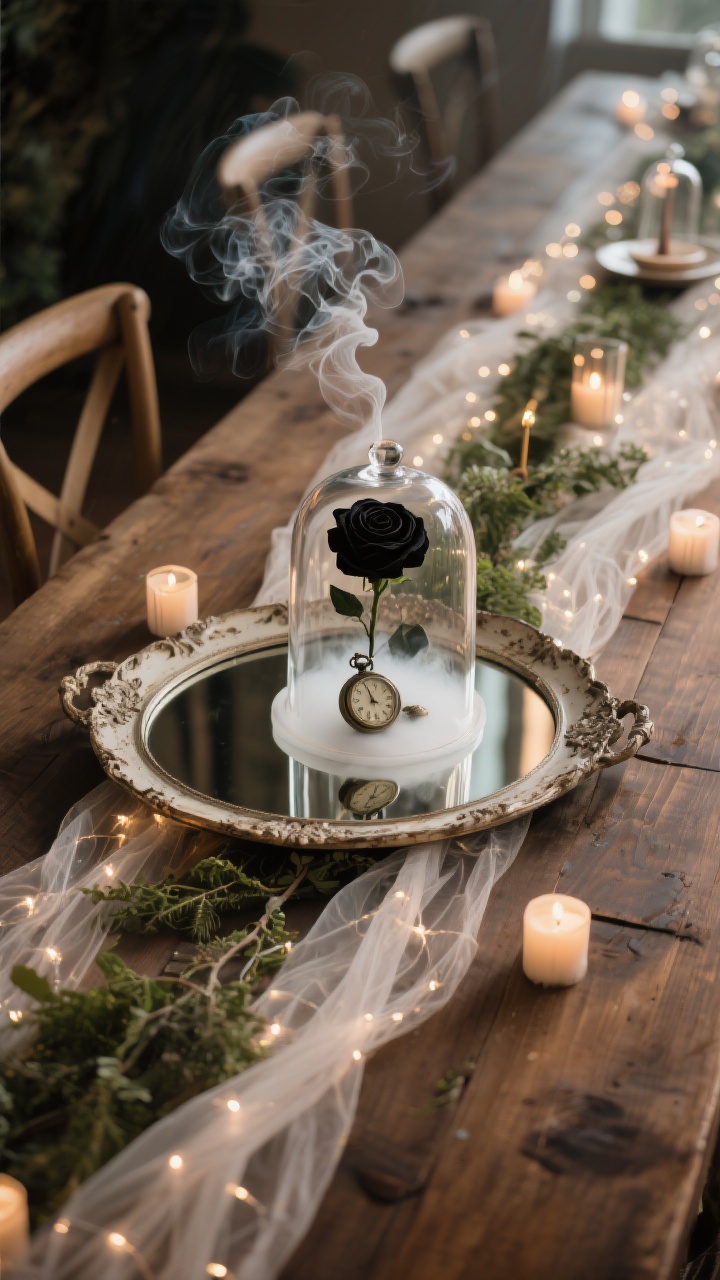 Photorealistic wide shot of a centerpiece with movement: a distressed mirror tray anchoring the center, wisps of smoke from incense (or a small dish with safe dry-ice fog) drifting low across the table; a glass cloche housing a single black rose and a vintage pocket watch; a gauze runner trailing the length of the table with tucked-in greenery, warm white micro-LEDs, and scattered votives; reflections multiplying in the mirror; angle from table corner to capture depth and motion, with warm, mysterious lighting.