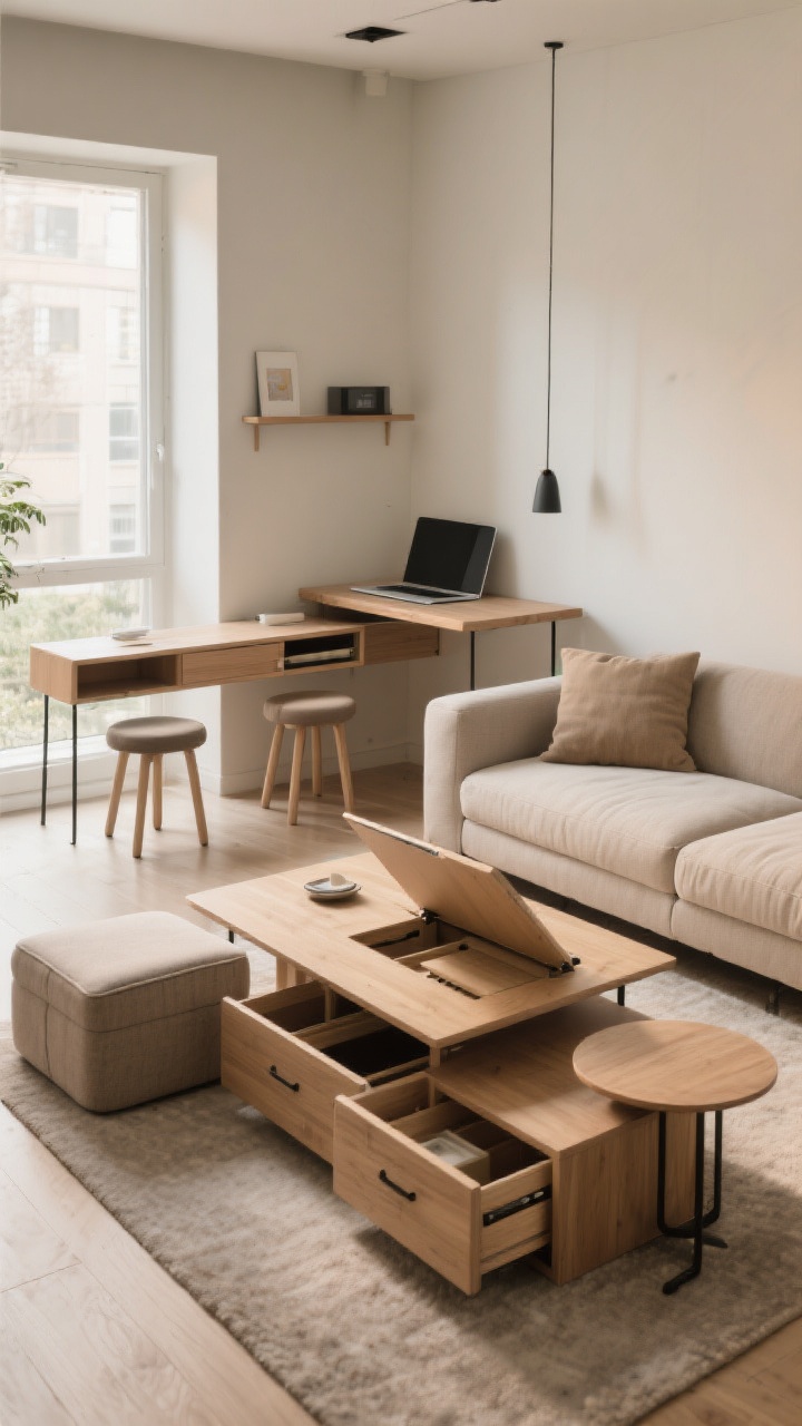 Photorealistic wide shot of a compact living room showcasing multipurpose pieces: a storage coffee table with lift-top or drawers, a storage ottoman, nesting tables partially tucked, and a slim console table behind the sofa functioning as a small desk with a laptop; two stools neatly tucked under a table ready for extra seating; uncluttered surfaces with only a few useful heroes; warm ambient daylight; camera slightly elevated to reveal hidden storage features