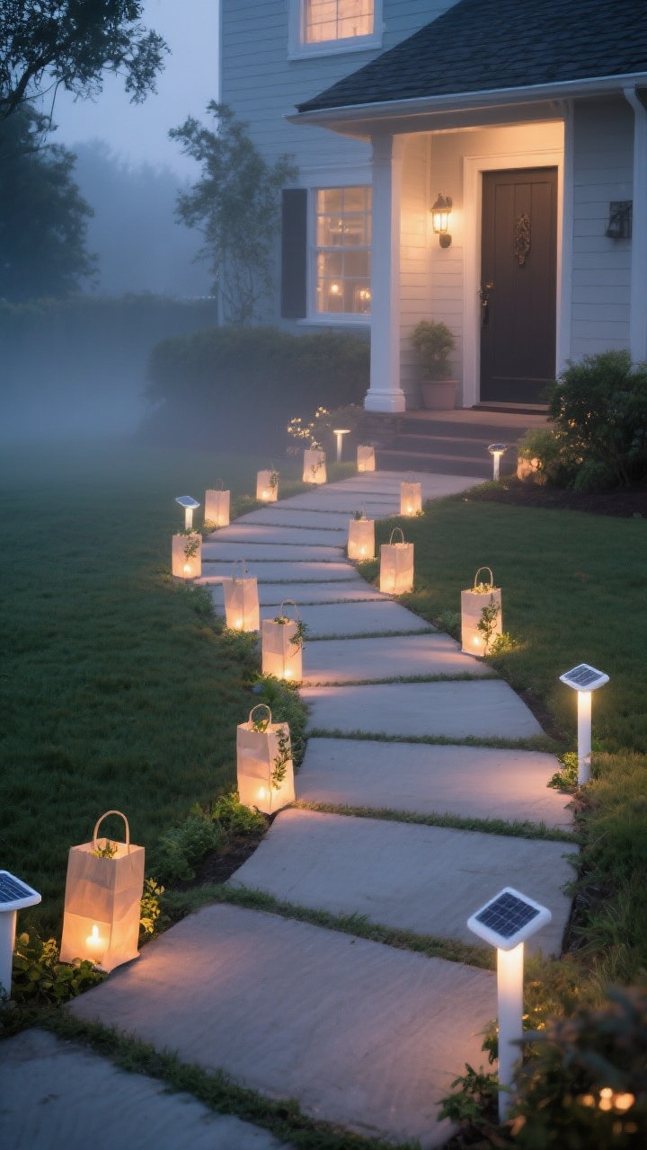 Photorealistic wide shot of a front pathway at twilight, storybook feel: LED pathway stakes in warm white forming a gentle curve toward the door; alternating with paper bag luminaries containing flameless candles; some luminaries accented with small sprigs of greenery tucked at the base for a boutique look; a few solar lights mixed in for set-and-forget functionality; optional zig-zag pattern on a narrower walk; low foggy breath of evening air and soft shadows enhancing the glow; overhead/oblique perspective to show the full path rhythm.