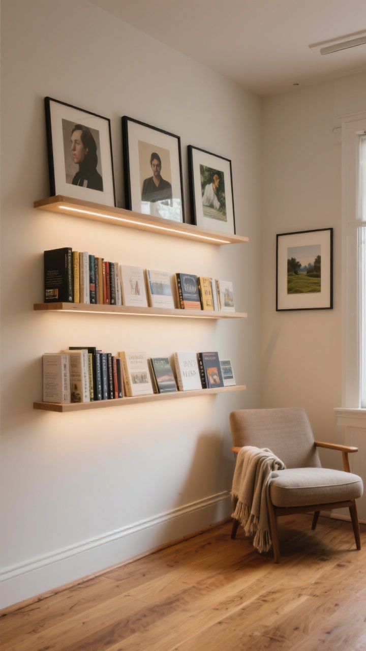 Photorealistic wide shot of a gallery shelf + book nook hybrid wall: three long, deep picture ledges spaced 12–14 inches apart, holding face-out short books mixed with portrait and landscape art prints layered behind; a cozy reading chair with a throw anchors one side; warm wood flooring, soft ambient lighting for a bookstore vibe; tonal frames and covers creating a dynamic, inviting composition