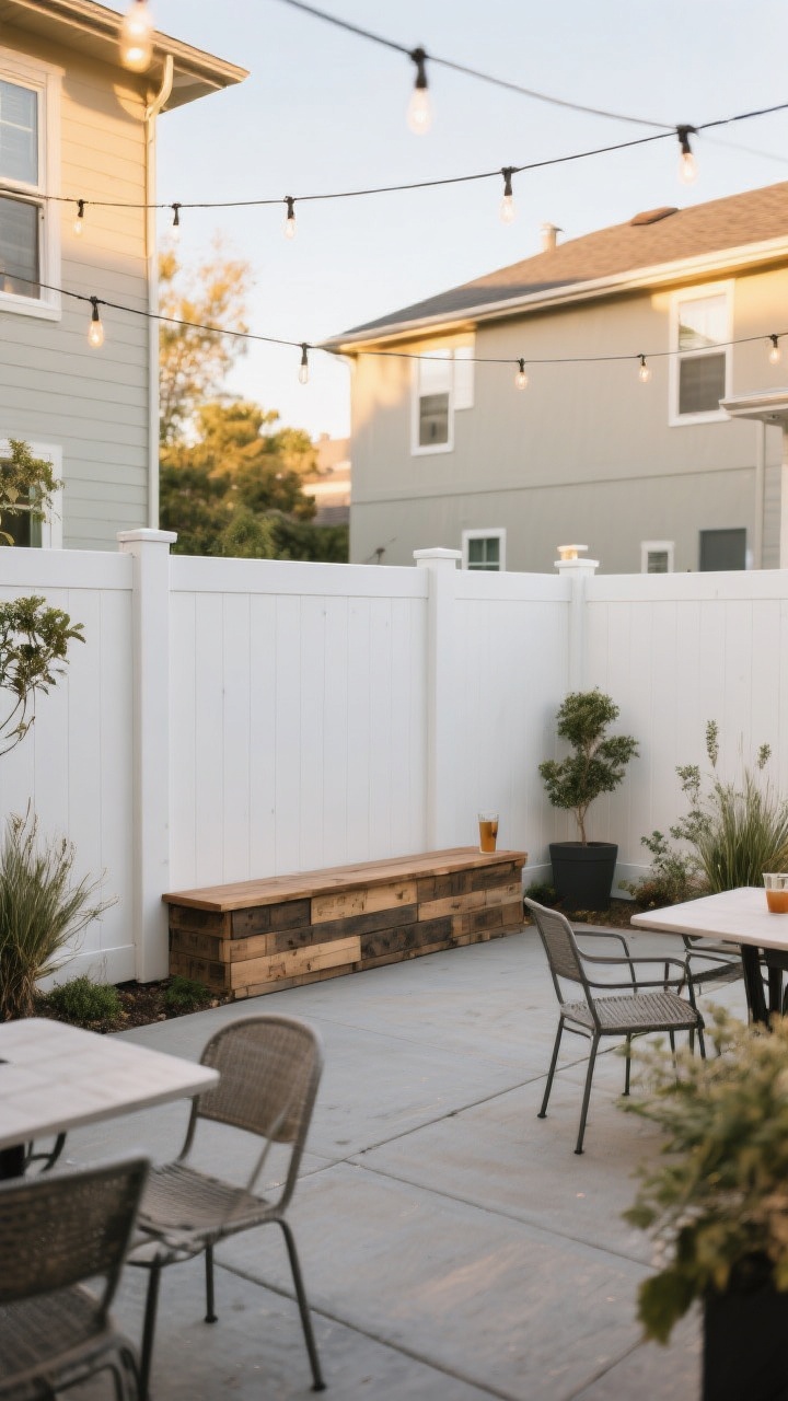 Photorealistic wide shot of a half-height courtyard fence (about 38 inches tall) defining a cozy patio zone while preserving sightlines. Pallet boards arranged with intentional detailing: alternating board widths and a bottom trim, topped with a smooth 2x4 cap rail acting as a bench-like drink ledge. The fence is painted a soft white for a high-end feel, contrasted with simple landscaping and café-style patio furniture. Overhead string lights add gentle ambiance at golden hour, no people.