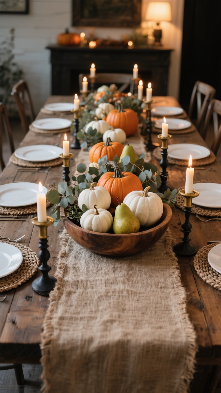 Photorealistic wide shot of a harvest-ready farmhouse dining table: linen or burlap table runner anchoring a long wooden dough bowl centerpiece filled with assorted white and muted orange pumpkins, pears, and eucalyptus; woven chargers under simple white plates, brass candlesticks and black iron tapers alternating for a moody glow; low-profile centerpiece to keep sightlines; warm evening ambient light with candlelight highlights; straight-on table view