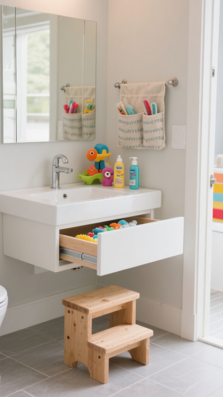 Photorealistic wide shot of a kid-friendly bathroom emphasizing low-down storage: a sturdy wooden step stool in front of a white vanity doubling as a mini shelf holding a few bath toys, kids’ lotion, and a detangler spray. Vanity doors open to reveal clear under-sink pull-out drawers with the lowest drawer reserved for everyday items, and an over-the-vanity-door fabric organizer holding small grooming items. Bins with handles for easy grab-and-go, neutral palette with pops of primary colors, matte tile floor, bright even lighting, corner angle.