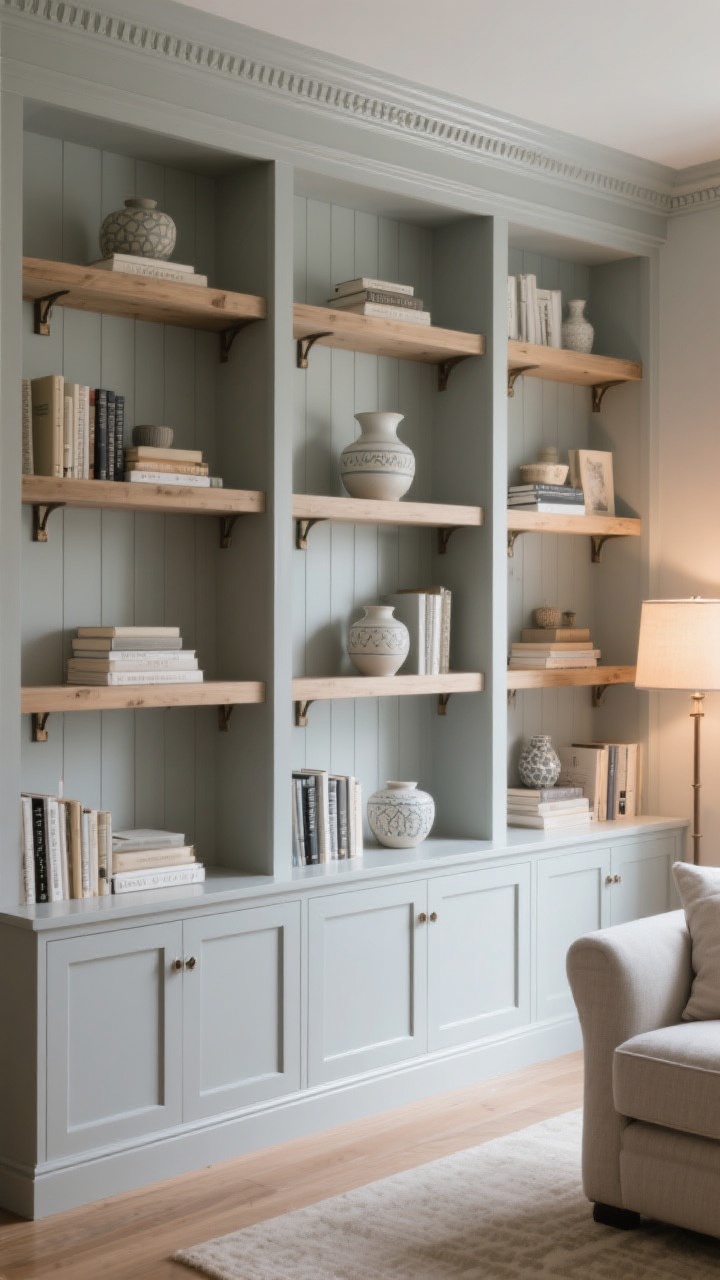 Photorealistic wide shot of a living room wall transformed into faux built-ins: multiple painted-wood shelves running the full span, color-matched to the wall in a soft greige; traditional vibe with small brackets underneath and a crown molding strip at the top; lower closed cabinet unit creating a shelf + credenza combo; styled with tight-palette book groupings and ceramic accents; balanced warm ambient lighting for a seamless, custom look