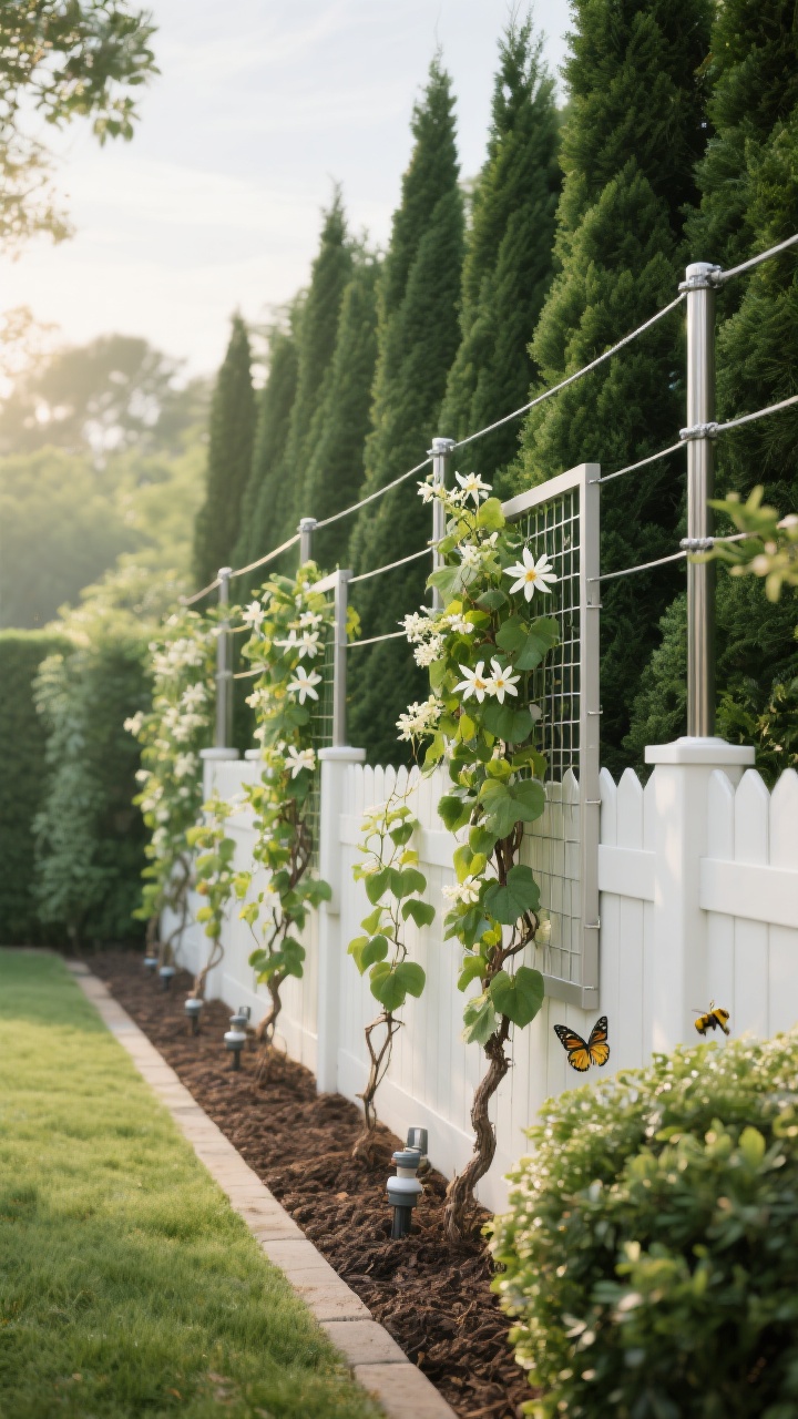 Photorealistic wide shot of a lush living fence along a backyard boundary: stainless steel cable grid stretched between posts with star jasmine and clematis climbing, a row of evergreen arborvitae behind for all-season privacy; a low white picket fence in front with grapevines trained on modular trellis panels at intervals; soft morning light, visible drip irrigation emitters at the base, neat mulch, and a discrete root barrier edge near a vigorous shrub; bees and butterflies absent but implied by plant choice; overall mood serene and green, straight-on perspective highlighting layered vegetation and structure.