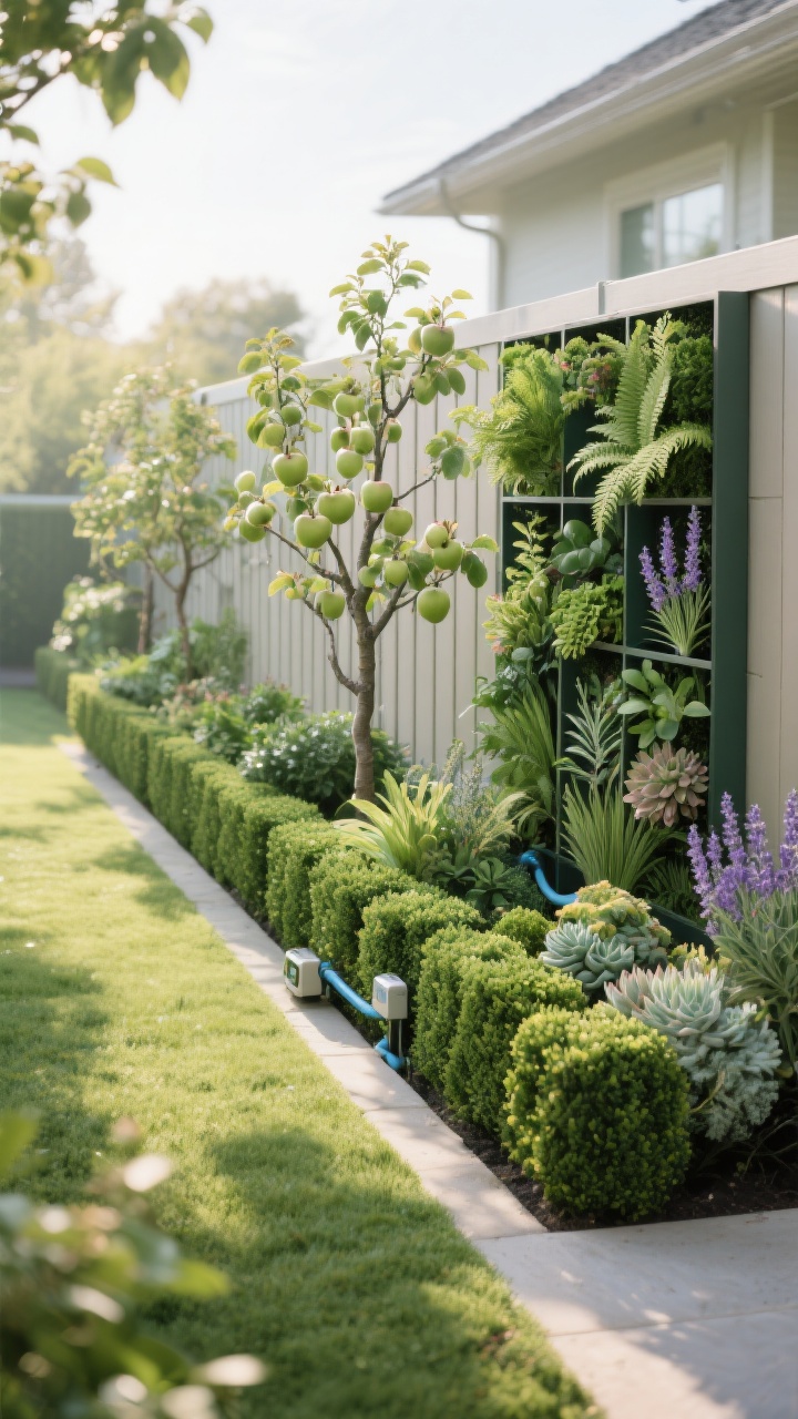 Photorealistic wide shot of a lush living green fence along a side yard: a formal boxwood hedge forming the primary boundary, with espaliered apple trees trained flat against a simple trellis behind it, and a modular vertical garden panel featuring herbs, ferns, and succulents; integrated drip irrigation tubing with a discreet timer visible near the base; plant selection reflecting sun and shade zones (rosemary and lavender on the sunny side, ferns and heuchera in the shaded corner); evergreen structure mixed with seasonal bloomers; soft morning light, slightly overhead angle to show layered planting and biodiversity.