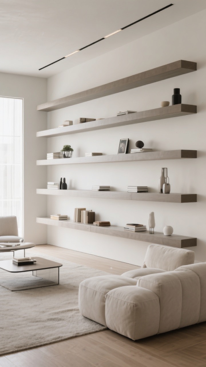 Photorealistic wide shot of a minimalist living room with wall-to-wall thick floating shelves (