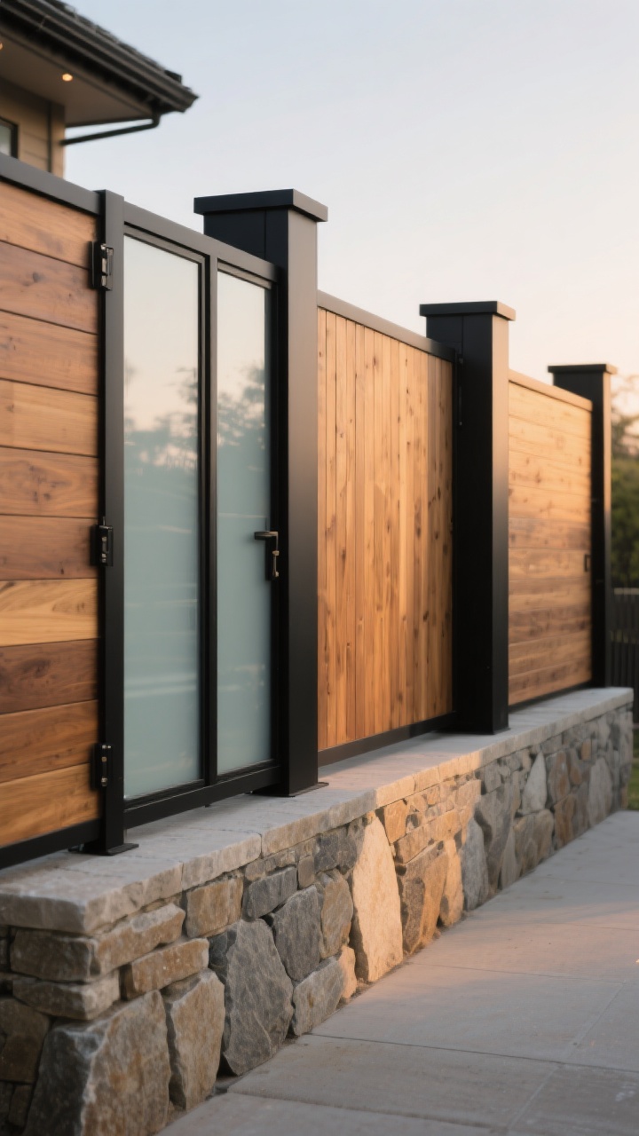 Photorealistic wide shot of a mixed-material fence composition: stone bases along the lower third, warm timber panels above, and matte black metal framing repeated throughout for cohesion. Include a section with frosted glass panels adjacent to opaque wood for tailored privacy, consistent top height, and matching post caps and hardware. Soft early evening light; captured from a corner angle to showcase the layered textures and balanced zones.