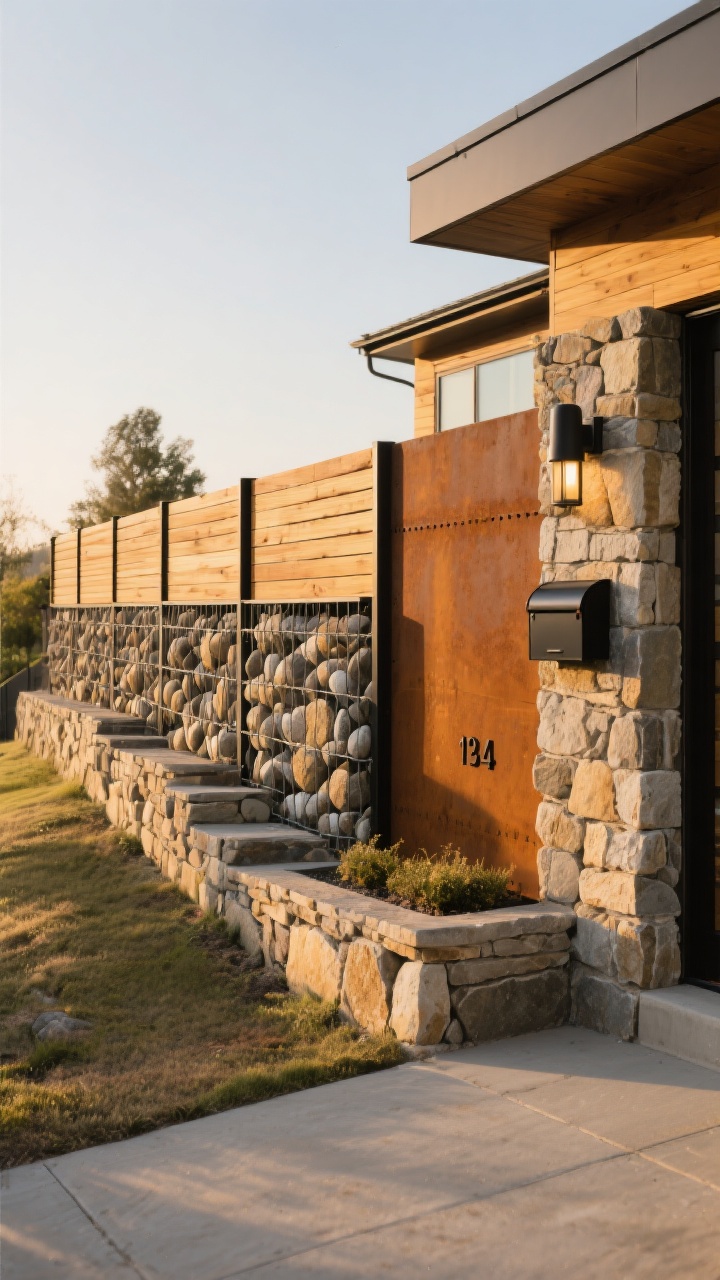 Photorealistic wide shot of a mixed-material perimeter fence on a gently sloped lot: a stacked stone base stepped with the grade, cedar horizontal panels above, and slim black steel accents; a gabion section filled with rounded river rock paired with timber slats, plus a feature bay using Corten steel next to warm wood tones; tight material palette for cohesion; integrated planter box and a stone niche displaying house numbers; coordinated black metal mailbox and porch lights; late-day golden light, three-quarter corner angle to showcase texture layers.