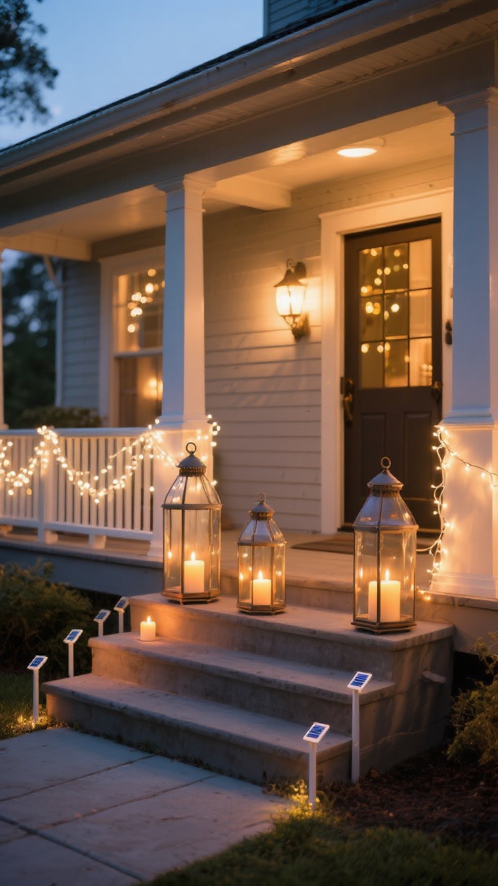 Photorealistic wide shot of a porch at dusk, glowing with layered lighting: three lanterns in a tall–medium–small trio on the steps with warm flameless candles, warm white string lights wrapped along the railing and around the doorway, and subtle solar pathway stakes guiding to the entry. Warm ambient glow, visible bokeh, hurricane glass on any real candles. Straight-on view capturing the full scene. No people.