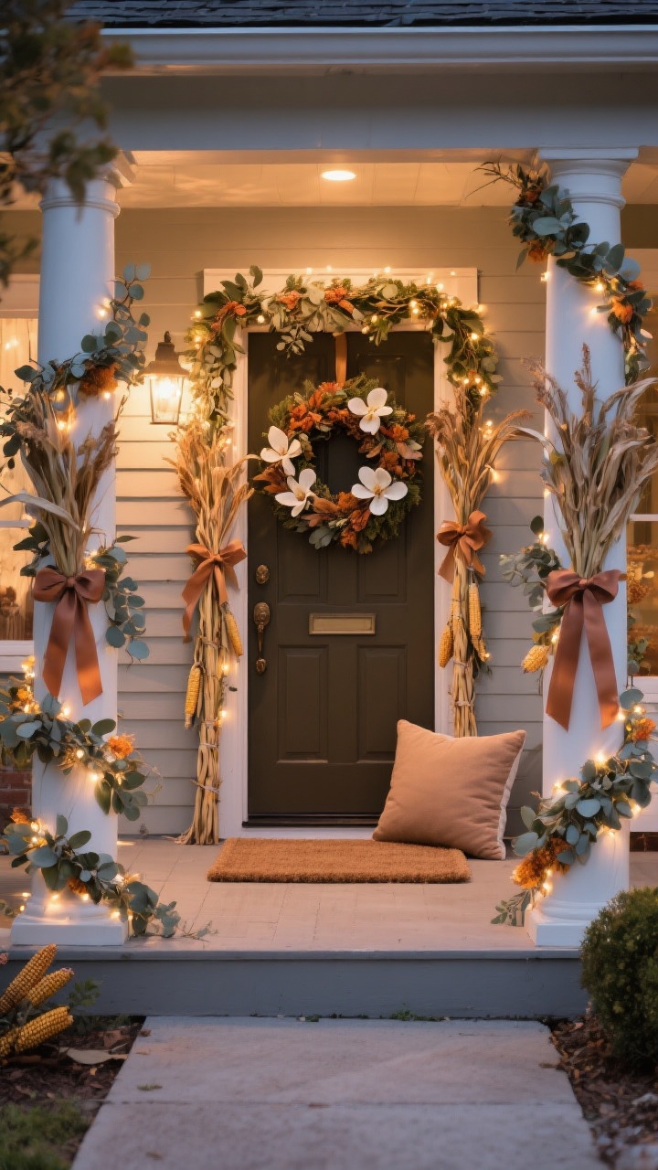 Photorealistic wide shot of a porch with columns wrapped in cohesive fall garland made from eucalyptus and faux magnolia, matching the door wreath. Tall corn stalks tied with ribbon flank the entry; ribbon color echoes the doormat/pillow tones. Soft fairy lights woven through the garland add a gentle nighttime sparkle. Twilight lighting with warm glow, straight-on architectural view. No people.